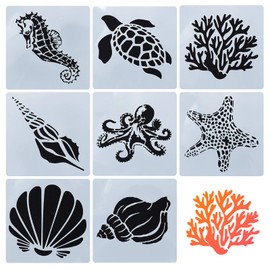 GORGECRAFT 8 Mixed Sea Animals Stencils Set 5.1x5.1 Ocean Creatures Painting Templates for DIY Art Crafts Scrabooking (Starfish, Conch, Seahorse, Coral, Shell Designs)