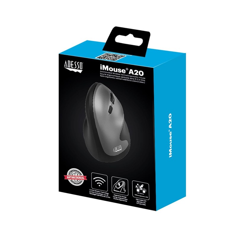 Adesso iMouse A20 Ergonomic Wireless Mouse, 1000/1600/2400 DPI, Vertical Design,