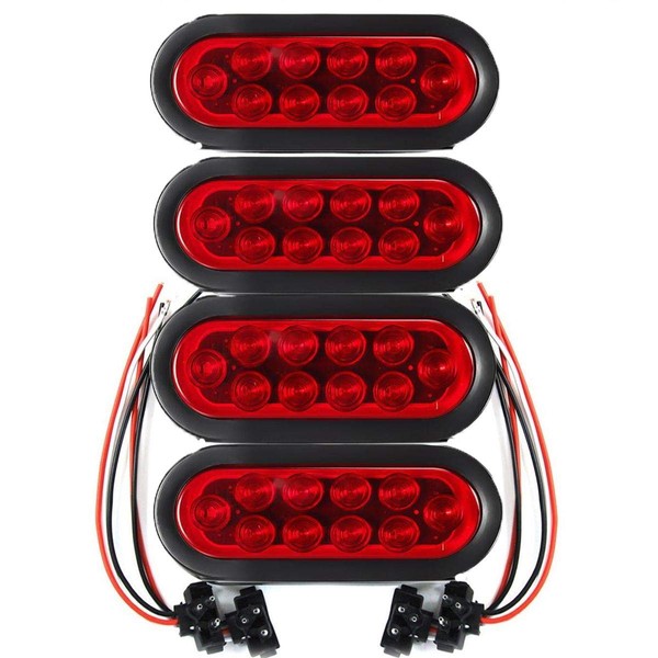 Partsam 4pcs Trailer Truck LED Sealed RED 6" Oval Stop/Turn/Tail Lights Flush Mount Waterproof Including 3-pin water tight plug with wires and Grommets Sealed