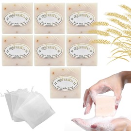 ETRTNVB Paquete 7 Jabónes Tailandés De Arroz Hecho，Blanqueamiento Hidratante Limpiadora Jabón De Leche，Jabón de Leche de Arroz mini con red espumosa，Limpieza suave para todo tipo de piel