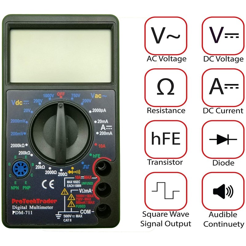 ProTechTrader Large Screen Digital Multimeter 7 Test Functions AC DC