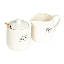 Creative Co-Op Charming Stoneware Creamer & Sugar Pot Set with Spoon, White
