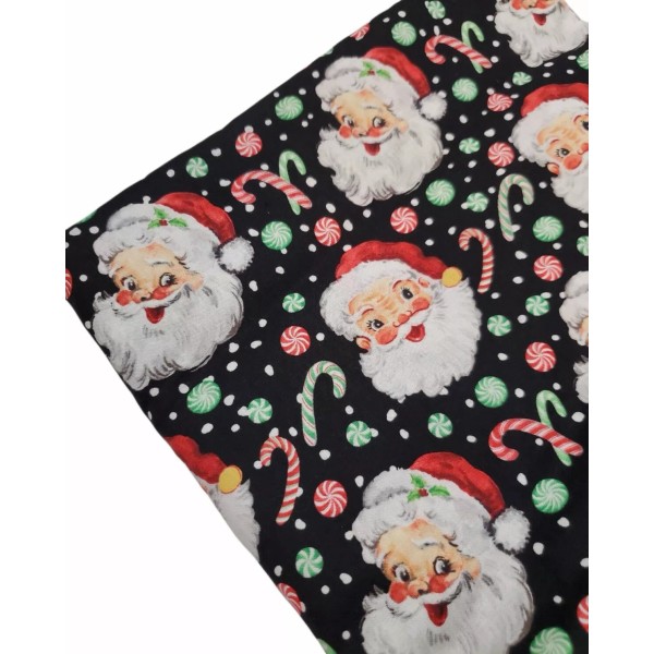 Fabric Traditions Retro Santas Faces Cotton Red Black Midcentury 1950s