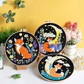 JSRQT 3Pcs Fox Pattern Embroidery Kit for Beginner Adults, Handmade Craft Sewing Art Embroidery Starter Kit, Stamped Cross Stitch Kit with Tool Kit, Embroidery Hoop, Instruction, Needle and Threads