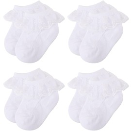 DRESHOW Infant Lace Bow Socks Baby Ruffle Lace Socks Newborn Toddler Girls Socks Ankle Dress Sock, 4 Pairs Lace Socks Set-28