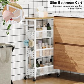 4 Tier Slim Rolling Cart with Wheels for Small Spaces, Laundry Room Shelf Between Washer and Dryer Storage, Narrow Bathroom Organizer Shelves on Wheels, Metal Utility Carts for Kitchen, Skinny Cabinet
