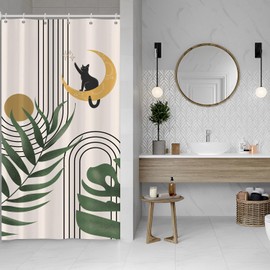 Leowefowa Mid Century Cat Shower Curtain 36x72 Inch Boho Abstract Geometric Arch Tropical Leaves Moon Minimalist Aesthetic Shower Curtain Modern Bohemian Cute Bathroom Waterproof Fabric Curtains
