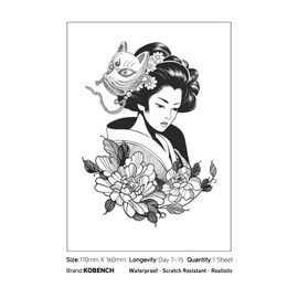 kobench Temporary Tattoos,Woman In Kimono With Mask Flowers - K142 Design,Waterproof,Easy-to-Apply,Long Lasting 1-2 Weeks, Plant-Based,Women Tattoos