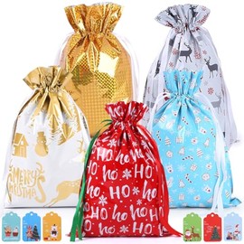 5 Pcs Christmas Ribbon Gift Bags, 42 * 29cm Drawstring Xmas Gift Bags, Christmas Bags for Presents with Xmas Cards for Party, Holiday, Birthday and Christmas Decorations