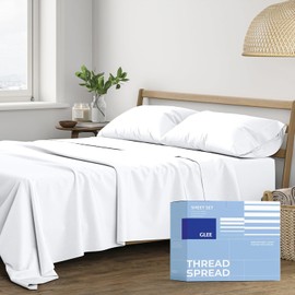 THREAD SPREAD - Sábanas de algodón egipcio tamaño queen, sábanas de lujo Queen de 400 hilos (4 piezas, blancas), suaves, transpirables, refrigerantes