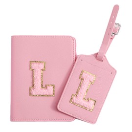 Initial Passport Holder and Luggage Tag Travel Set, PU Leather Luggage Tag Passport Cover, Christmas Gifts, Bridesmaid Gifts, Holiday Travel Gifts, Birthday Gifts, Pink Leather+Pink Letter, L