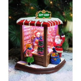 MOMENTS IN TIME Christmas Village Vintage Corner Gift Shop with Santa Claus LED Lights & Music, 8 Christmas Songs, Battery Operated, Handcrafted Polyresin Santa Figurine Holiday Decoration