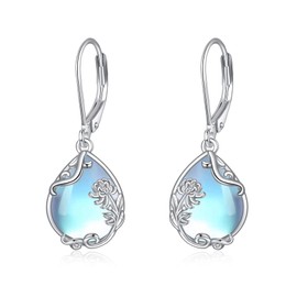 POPLYKE Moonstone Birth Flower Filigree Teardrop Drop Earrings Sterling Silver Birth Month Flower Leverback Earrings Jewellery, Sterling Silver