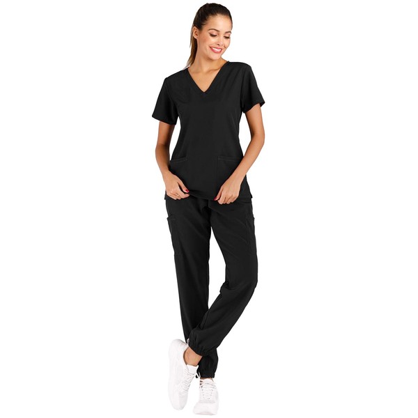 Minty Mint Women's Solid Stretch Medical Uniform Scrub Set V Neck Top Cargo Tapered Jogger Pants Black M