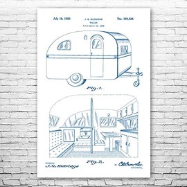 RV Trailer Poster Print, Camper Gift, Camper Blueprint, Dealership Decor, RV Dealer Gift, Trailer Design, Vintage Camper Blue & White (5 inch x 7 inch)