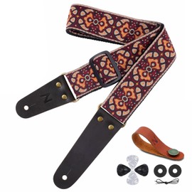 Nefelibata Guitar Strap, Embroidered Cotton Guitar Straps with Head Cowhide Leather Ends for Bass, Electric & Acoustic Guitars, Free Strap Button, 1 Pair Strap Locks and 4 Guitar Picks