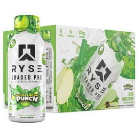 RYSE Loaded Pre Workout Drink - Sour Punch Green Apple - Sugar-Free, Ready to Drink Energy Supplement with 325mg Caffeine, Citrulline & Beta Alanine for Focus & Pump - 12 fl oz Bottles (Pack of 12)