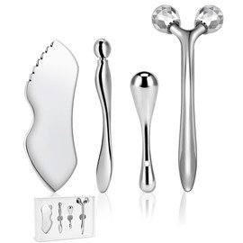 TANGZHIFEIYUE Face Roller, Stainless Steel Metal Gua Sha & Eye Cream Applicator Facial Sculpting Tool Set Eye Roller Massager Lymphatic Drainage Guasha for Face Neck