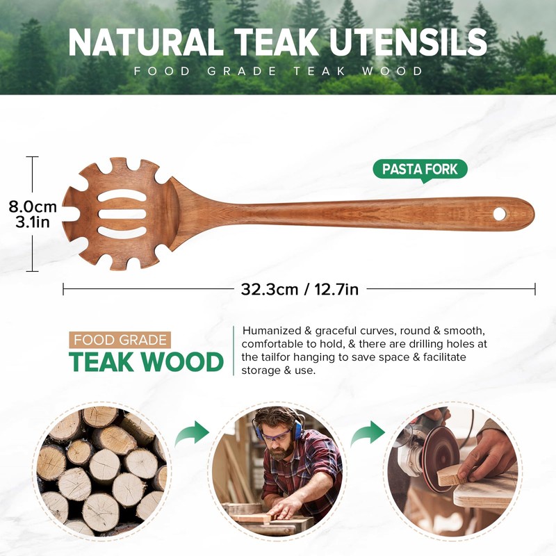 Wooden Pasta Spaghetti Spoon with Teeth, Teak Slotted Pasta Spaghetti