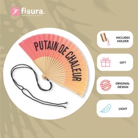 Fisura - Original handheld folding fan with message in french. wooden fan. Original holding Hand Fans. Fan with hanger included (Chaleur, red gradient)