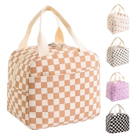 Chamgeco Insulated Lunch Bag for Kids & Adults, Reusable Corduroy Lunch Box Tote Bags, Leakproof Cooler Bag for Work Office Picnic School Travel BBQ, Large Capacity & Cute Design (Beige Plaid)