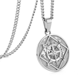 murtoo Compass Necklace, Mens Pendant Necklaces, Silver Necklace for Men， Stainless Steel Mens Necklace， Necklace Silver Gifts for Men/Women Unisex Silver Coin