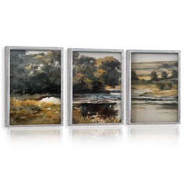 3 Pcs Landscape Wall Art Set - 16"x24" Wood Framed Mountain River Canvas Prints, Nature Scenery Green Hills Wilderness Photography, Modern Ink Painting for Living Room, Bedroom, Office Decor (White)