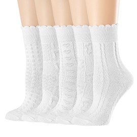 albagu Womens Crew Socks Cotton Casual White Socks for Women Floral Cute Girls Ankle Socks 6 Pack