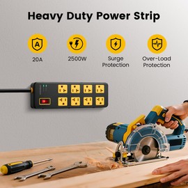 SURAIELEC Heavy Duty Surge Protector Power Strip 20Amp, 1960 Joules, 5-15P Plug, 6-20R T-Slot, Industrial Metal Power Strip with 6FT 12 Gauge Extension Cord for Workshop, Garage, Kitchen