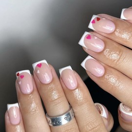 SWEKKE Valentines Press on Nails Short Square French Tip Petite Fake Nude Pink Full Cover Red Heart False with Designs Glossy Glue Acrylic Manicure Artificial for Women Girls 24Pcs