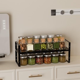 Ipotive Expandable Spice Rack, Stackable Cabinet Shelf Organizers, Countertop storage, Metal Kitchen Counter Shelves.Heavy Duty.(1Pack/Black/Medium)