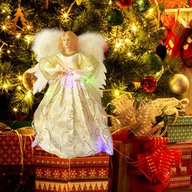 Angel Treetop Figurine, 21.6-Inch LED Angel Christmas Treetop Figurine, Christmas Tree Topper, Silver Lady Angel (Golden)