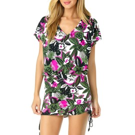 Anne Cole Women's Standard Adjustable Shirred Cover UP Tunic, Bolo Babe Green Floral, Large/X-Large
