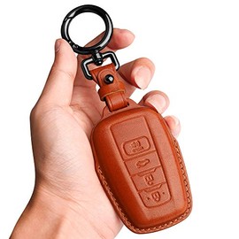 Tukellen for Toyota Key Fob Cover Genuine Leather With Keychain,Leather Key Case Protector Compatible RAV4 Camry Corolla Avalon C-HR Prius GT86 Highlander (only for Keyless go)-Brown