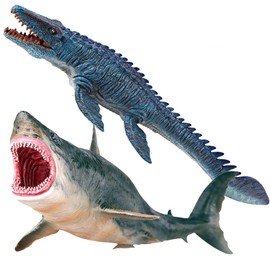 Gemini & Genius Mosasaurus and Megloden Figurine Toy Set, Dinosaurs Toys with Movable Jaw- 13 Inches Length, Gifts for Kids or Dino Lovers