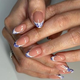 24Pcs Short Press on Nails Pointed Almond Fake Nails Flower Nail Tips with Blue White Porcelain Design Nude Full Cover Artificial Glue on Nails Cute False Nails Stick on Nails for Women DIY Manicure