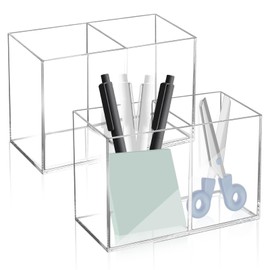 Realand Acrylic Pen Holder Desk 2 Compartments Clear Makeup Brush Holder Organizer Pen Cup for Pencil Marker Pen Holder 2 Pack CN-JWUK-052