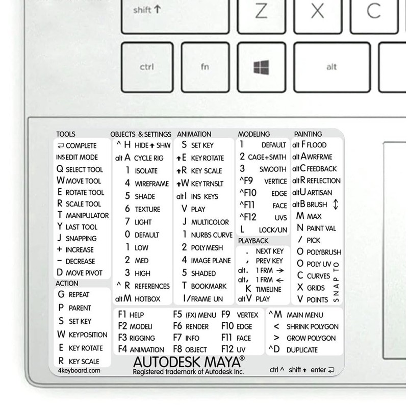 Autodesk Maya Reference Keyboard Hotkeys Decals for Windows Black, White