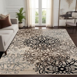 Superior Indoor Area Rug, Jute Backed, Perfect for Entryway, Office, Living/Dining Room, Bedroom, Kitchen, Hardwood Floor, Floral Scroll Decor, Leigh Collection, 6' x 9', Beige Ivory