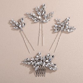 Rumtock Handmade Green Crystal Hair Comb Pins Wedding Bridal Silver Jewelry Set Special Occasion Banquet Hair Accessories (Silver)