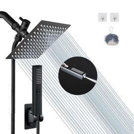 6'' Square High Pressure Rain Black Shower Heads with Handheld Spray Combo. Equipped with 78" Leakproof Hose, 3 Way Diverter Valve, Adhesive Shower Head Holder, Double Shower Head Set, AWAXFOLO