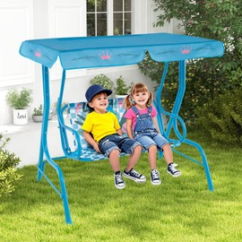 KOTEK Kids Patio Swing, 2-Seater Outdoor Hanging Bench with Adjustable Canopy, Safety Belt & Curved Armrest, Kids Swing Chair with Stand for Backyard, Garden, Lawn, Porch (Blue Flamingo)