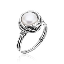 925 Sterling Silver Ring with Fresh Water Pearl - Hypoallergenic, Nickel & Lead-free - Artisan Handcrafted Designer Collection - Made in Israel - White
