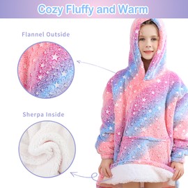 softan Glow in The Dark Blanket Hoodie for Kids, Super Warm and Cozy Plush Sherpa Flannel Wearable Hooded Blanket with Giant Pocket, Perfect Gifts for 2-6 Year Old Boys & Girls