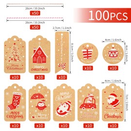 100pcs Christmas Label Gift Tags, Recyclable Kraft Paper Tags with Cotton & Twine String for Xmas Gifts Wrapping and Christmas Tree Decoration