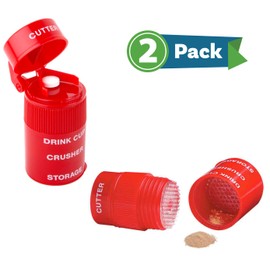 Ezy Dose 2 Pack Pill Box, Crusher, Cutter, Grinder, All-in-One, Turns Pills, Tablets, Vitamins into Powder, Stainless Steel Blade, Removable Drinking Cup, Red (2 Pack)