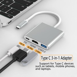 YUNKOZAND USB-C to HDTV Adapter, Type-C Hub to HD 4K Output USB 3.0 Port and PD 100W Charging Port, Compatible with USB-C Laptops and Other Type C Devices