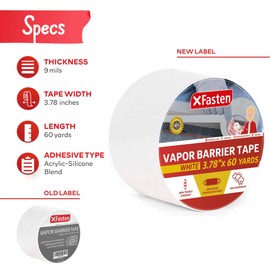 XFasten White Vapor Barrier Tape, 9 mil, 3.78-Inch x 60-Yards, Waterproof Moisture Barrier Tape for Crawlspace Encapsulation, Construction Sheathing Seal Film, Housewrap Seaming and Underlayment Seal