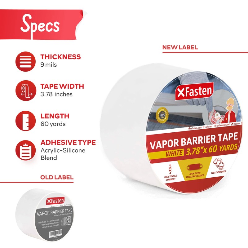 XFasten White Vapor Barrier Tape, 9 mil, 3.78-Inch x 60-Yards,