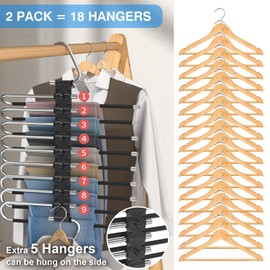 Upgrade 9 Layers Pants Hangers Space Saving, 2 Pack Non Slip Stainless Steel Multifunctional Pants Rack Closet Pant Hanger Organizer with Hooks for Pants Jeans Trousers Dorm Room Essentials, Black
